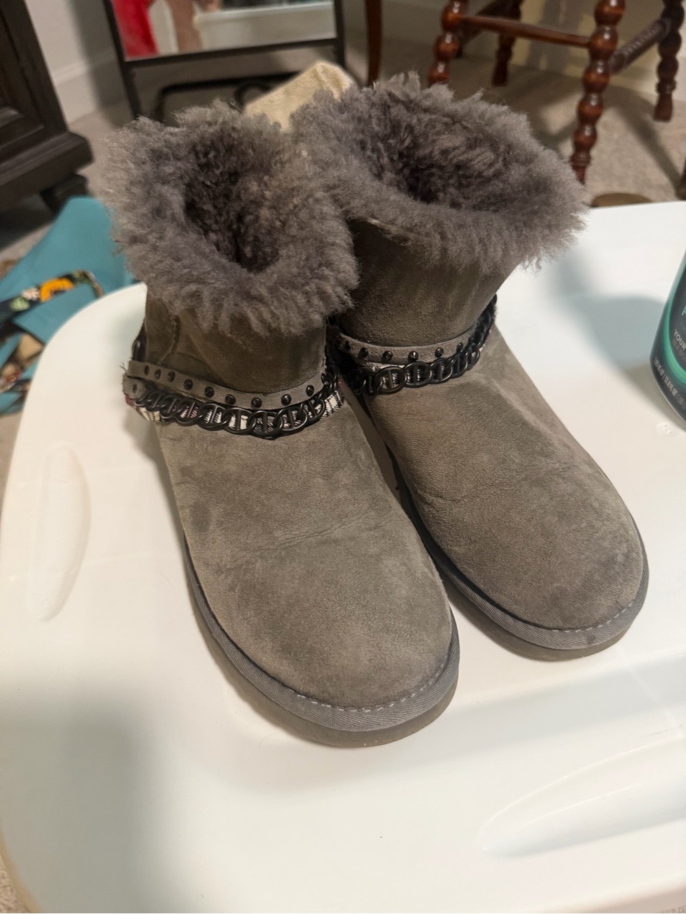 UGG Gray Suede Shearling Ankle Booties with Decorative Chain